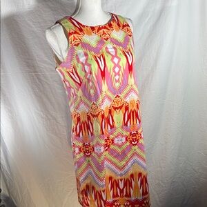 London Style Sleeveless Geometric Midi Dress in Red, Pink, Orange, Yellow